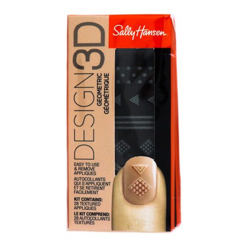 Kit de diseño de uñas 3D Geométrico de Sally Hansen, que muestra apliques de uñas texturizados en negro con patrones geométricos en una caja beige y roja.