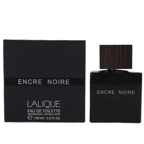 Encre Noire Eau de Toilette de Lalique con un elegante frasco negro y tapa de madera, mostrado junto a su empaque negro a juego.