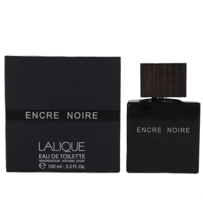 Encre Noire Eau de Toilette de Lalique con un elegante frasco negro y tapa de madera, mostrado junto a su empaque negro a juego.