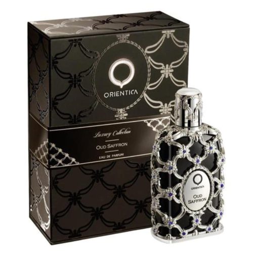 Imagen de un frasco de perfume Orientica con revestimiento decorativo plateado junto a su caja a juego etiquetada "OUD SAFFRON"