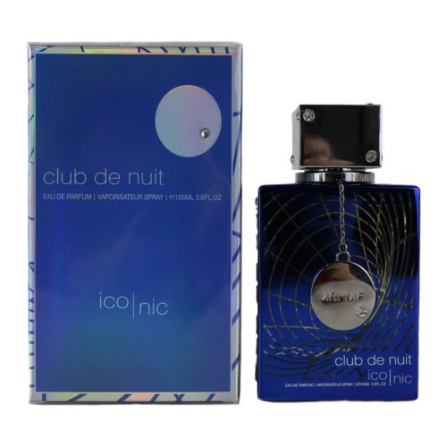 Club de Nuit Iconic Blue Eau de Parfum de Armaf con un frasco azul profundo y tapa plateada, mostrado junto a su empaque azul a juego.