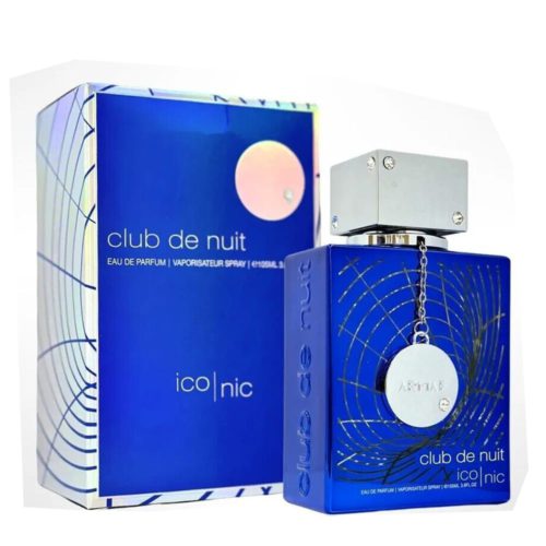 Imagen del frasco de perfume Club de Nuit Iconic de Armaf en azul con un colgante, junto a su caja con diseños gráficos.