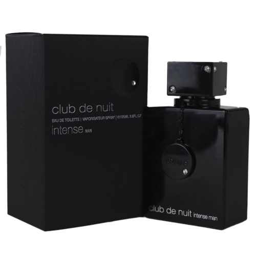 Club de Nuit Intense Man Eau de Toilette 105ml de Armaf, con un frasco negro con tapón cuadrado y colgante, situado junto a su envase negro a juego con texto plateado.