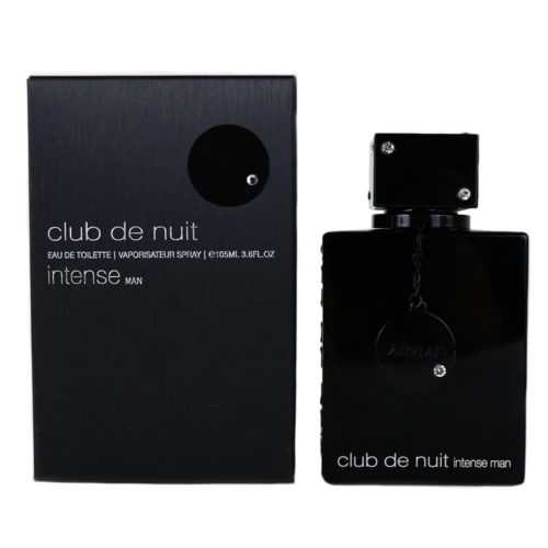 Eau de Toilette Armaf Club de Nuit Intense Man, 3.6 fl oz (105 ml). La botella de perfume tiene un diseño negro elegante con una tapa cuadrada negra con incrustaciones de cristal y un medallón colgante negro. El empaque es negro mate con letras plateadas y un detalle circular brillante.