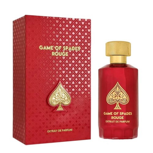 Imagen del frasco de perfume 'Game of Spades Rouge' en rojo con tapón dorado y símbolo de pica, junto a su caja roja texturada
