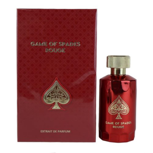 Game of Spades Rouge Extrait de Parfum, presentado en un lujoso frasco rojo con detalles dorados, acompañado de una caja de empaque roja y dorada.