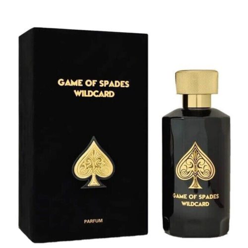 Imagen del frasco de perfume 'Game of Spades Wildcard' en negro con tapón y detalles dorados, junto a su caja negra con texto dorado.