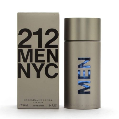 212 Men NYC" eau de toilette by Carolina Herrera, consisting of a cylindrical metallic grey bottle with "MEN" cut out in blue on its side, revealing the bottle's interior. Next to it stands its box, featuring a similar grey color and the inscription "212 MEN NYC" in large black font. The box specifies it contains 100 ml or 3.4 fl oz of the fragrance