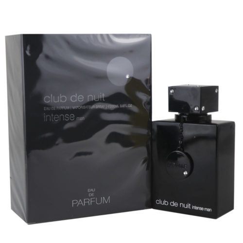 Club de Nuit Intense Man Eau de Parfum 200 ml de Armaf, que muestra el frasco de perfume negro junto al elegante envase negro con texto plateado.