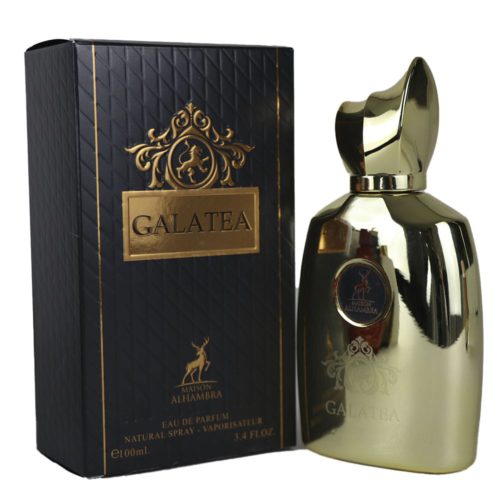 Galatea Eau de Parfum 100ml de Maison Alhambra, presentado en un elegante frasco dorado junto a su envase negro y dorado.