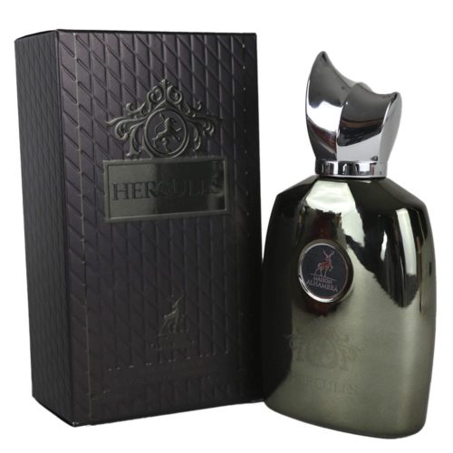 Hercules Eau de Parfum 100ml para hombre de Maison Alhambra, con un elegante frasco metálico oscuro con tapón plateado, que se muestra junto a su envase negro texturizado.