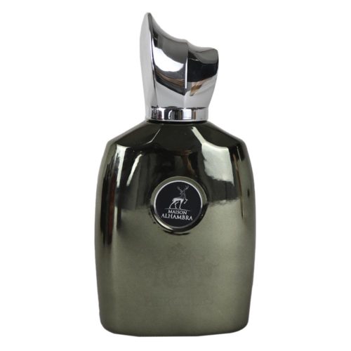 Hercules Eau de Parfum 100ml para hombre de Maison Alhambra, presentado en un frasco metálico oscuro con logotipo grabado y tapón plateado esculpido.