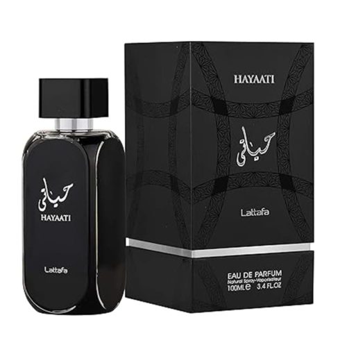 Frasco y caja negros de «Hayati» de Lattafa, ambos con un diseño elegante y el nombre «Hayati» en caligrafía árabe en blanco. El envase está adornado con sutiles motivos florales de color gris oscuro e indica que el producto es «Eau de Parfum, 100 ml».