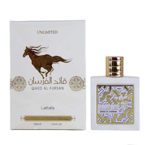 Qaed Al Fursan Unlimited Eau de Parfum 90ml con una ilustración de caballo destacado en la caja blanca con detalles dorados y diseño a juego en la botella de perfume.