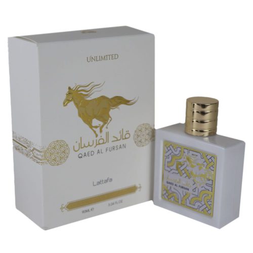 Qaed Al Fursan Unlimited Eau de Parfum de Lattafa se muestra con su frasco blanco y dorado junto a la caja a juego con el emblema de un caballo dorado.