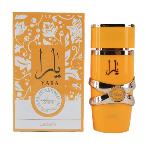 Yara Tous Eau de Parfum de Lattafa, que presenta un frasco vibrante naranja de 100 ml con detalles plateados, junto a su caja naranja a juego con patrones florales.