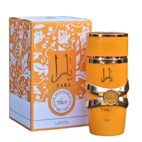 Elegante envase naranja y blanco para «Yara» de Lattafa, con intrincados motivos florales blancos en la caja. El frasco cilíndrico naranja está adornado con bandas plateadas y muestra el nombre Yara y escritura árabe. Lleva la etiqueta «Eau de Parfum, 100 ml».