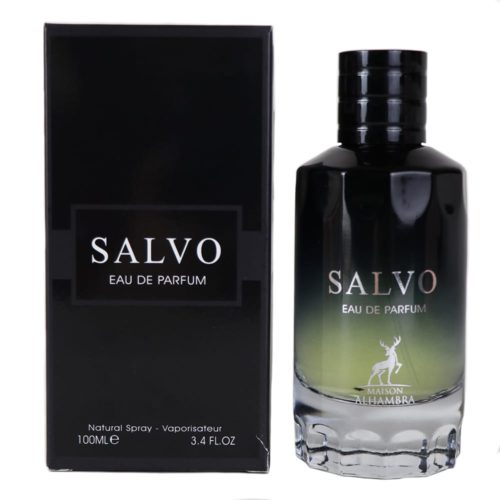 Frasco de Salvo Eau de Parfum colocado junto a su caja negra, destacando su diseño de vidrio degradado y apariencia premium.
