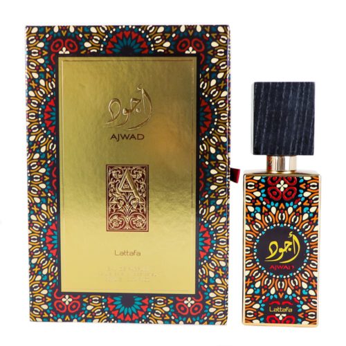 Ajwad Eau de Parfum de Lattafa, que muestra un frasco de perfume de 100 ml con un patrón colorido y tapa negra, junto a una caja dorada con diseños multicolores intrincados.