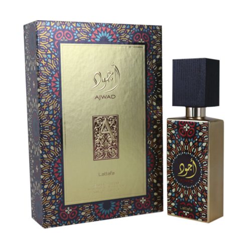 Ajwad Eau de Parfum de Lattafa presentado con su caja, con un diseño dorado ornamentado con motivos coloridos y un tapón negro, frasco de 60 ml.