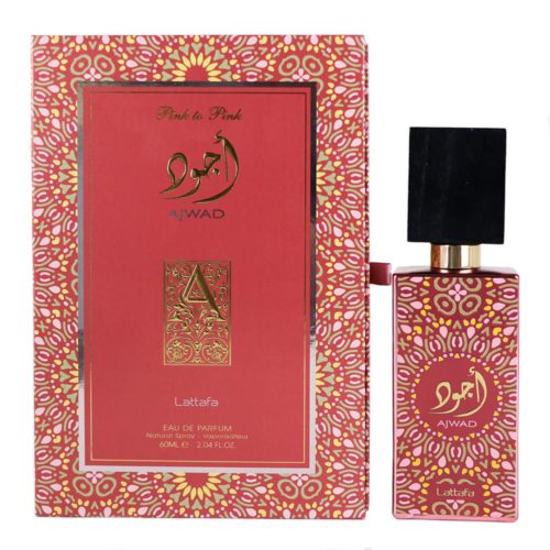 Ajwad Eau de Parfum de Lattafa, que presenta un frasco de perfume rosa de 60 ml con patrones dorados intrincados y tapa negra, junto a una caja rosa y dorada a juego.