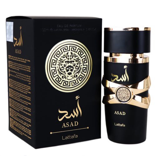 Eau de Parfum Lattafa Asad para hombre, que muestra el frasco de perfume negro y dorado con una caja a juego con el emblema decorativo de un león.