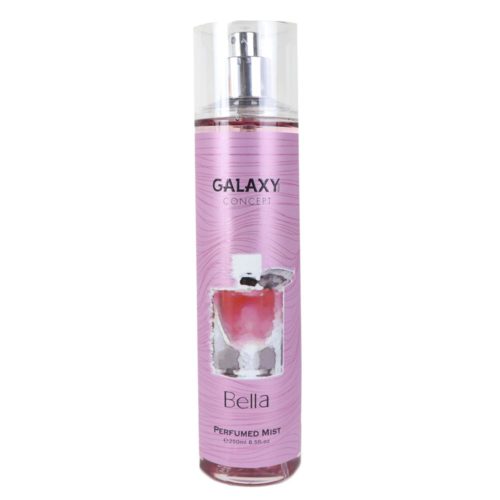 Una sola botella de BELLA Galaxy Concept Perfumed Mist para Mujer, presentada sobre un fondo blanco. El empaque rosa claro incluye una ilustración artística de una botella de perfume.