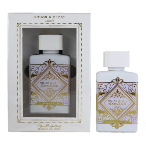 Bade'e Al Oud Honor & Glory Eau de Parfum de Lattafa en un elegante frasco blanco con intrincados patrones geométricos dorados, acompañado de un empaque igualmente sofisticado.