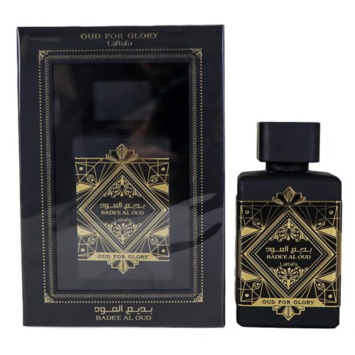 Bade’e Al Oud - Oud for Glory de Lattafa con un frasco negro y caja negra a juego decorados con intrincados patrones geométricos en dorado.