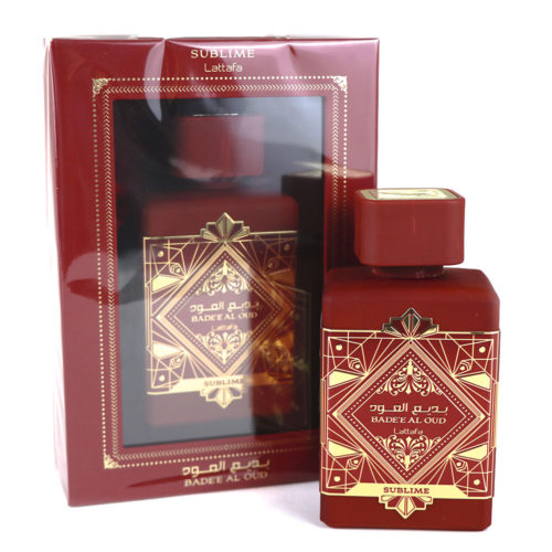 Badee Al Oud Sublime Eau de Parfum de Lattafa para hombre, 100 ml, con un diseño de frasco granate y dorado que se muestra junto al envase en caja a juego.