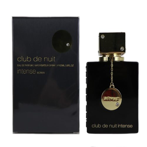Club de Nuit Intense Woman Eau de Parfum de Armaf, con un elegante frasco negro con detalles dorados, acompañado de una caja de empaque negra y sofisticada.