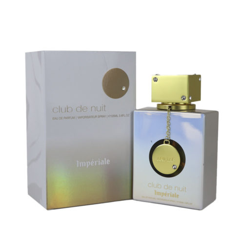 Armaf Club De Nuit Impériale Eau de Parfum para Mujer - Frasco de 105 ml con tapón dorado y cadena, junto a su elegante envase blanco y dorado.