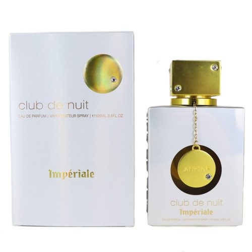 Eau de Parfum Armaf Club de Nuit Impériale, 3.6 fl oz (105 ml). La botella de perfume tiene un diseño blanco elegante con una tapa cuadrada dorada con incrustaciones de cristal y un medallón colgante dorado. El empaque es blanco con letras doradas y un detalle circular reflectante.