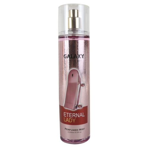 Una sola botella de mist perfumado Galaxy Concept Eternal Lady en posición vertical. El empaque rosa metálico presenta un diseño elegante de botella de perfume.