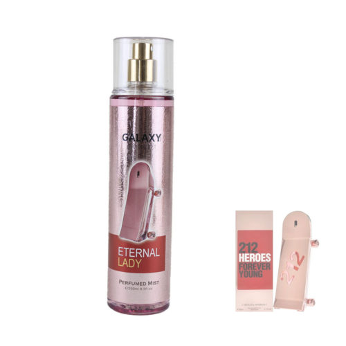 Vista frontal de la bruma perfumada Galaxy Concept en la variante "Eternal Lady". El frasco presenta un diseño rosa con la imagen de un monopatín y el nombre del producto. A la derecha, una imagen adicional del frasco del perfume 212 Heroes Forever Young y su envase.