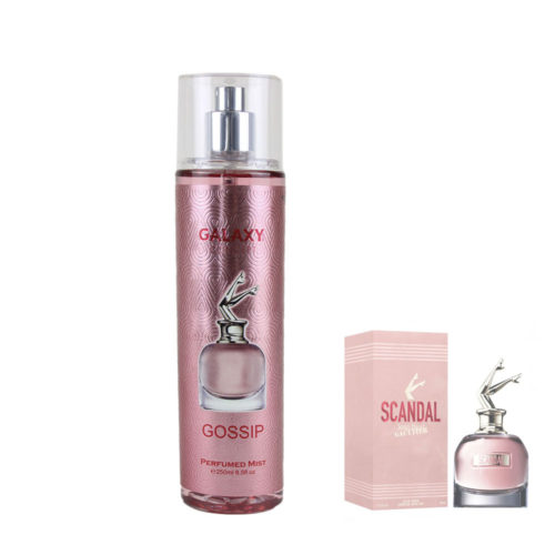 Vista frontal de la bruma perfumada Galaxy Concept en la variante "Gossip". El frasco tiene un diseño rosa con la imagen de un frasco de perfume decorativo. A la derecha, hay una imagen adicional del frasco de perfume Scandal y su envase.