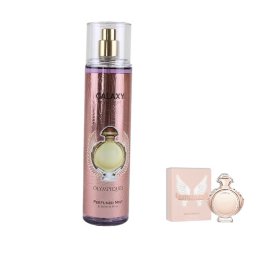 Vista frontal de la bruma perfumada Galaxy Concept en la variante "Olympiques". El frasco presenta un diseño en cobre con la imagen de un frasco de perfume con alas y el nombre del producto. A la derecha, una imagen adicional del frasco de perfume Olympéa y su envase.