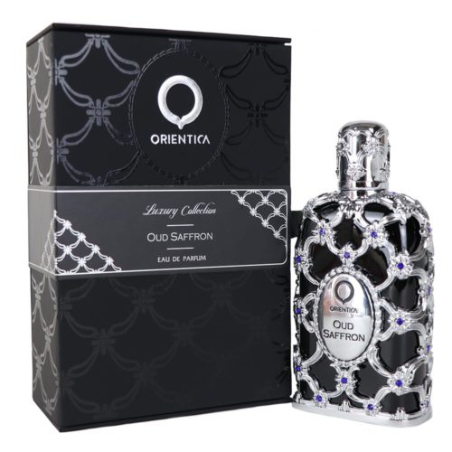 El frasco de perfume "Oud Saffron" de Orientica, exhibido junto a su elegante empaque negro de la Luxury Collection.