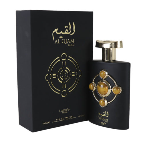 Lattafa Pride Al Qiam Gold Eau de Parfum - Frasco de 100 ml y envase con diseño negro y dorado.