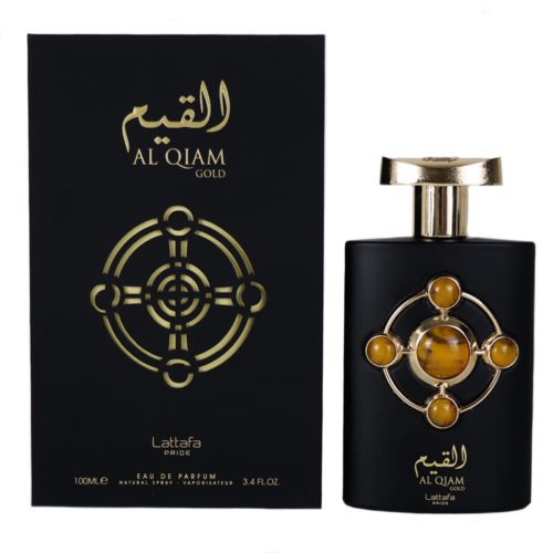 Frasco de perfume Pride Al Qiam Gold con acabado negro mate, decorado con diseños circulares dorados y detalles de gemas ámbar, junto a su empaque negro y dorado.