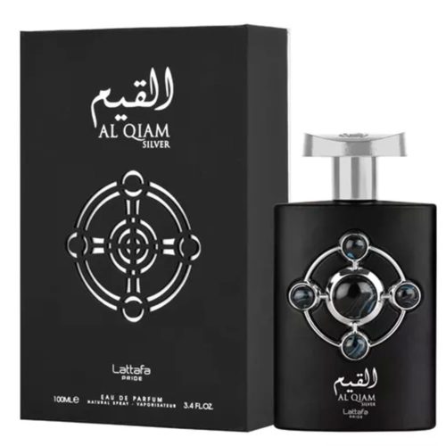 Pride Al Qiam Silver Eau de Parfum 100 ml Unisex de Lattafa. La imagen muestra el frasco del perfume y su caja. El frasco es negro con detalles plateados, incluido un intrincado diseño circular con piedras preciosas azules, y lleva el texto "Al Qiam Silver" y "Lattafa" en letras plateadas. La caja es negra con detalles plateados a juego y el texto "Al Qiam Silver" y "Lattafa" en letras plateadas.