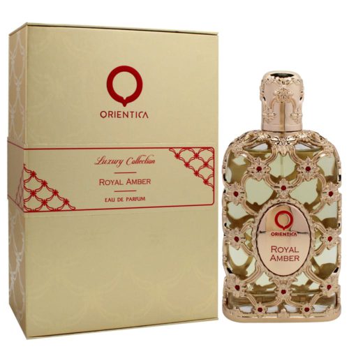Royal Amber Eau de Parfum 80 ml Unisex por Orientica. La imagen muestra el frasco del perfume y su caja. El frasco tiene un lujoso diseño con líquido transparente en su interior, adornado con un intrincado dibujo dorado y rojo. El estuche es dorado con detalles rojos, con el logotipo de Orientica y el texto "Royal Amber" en letras rojas.