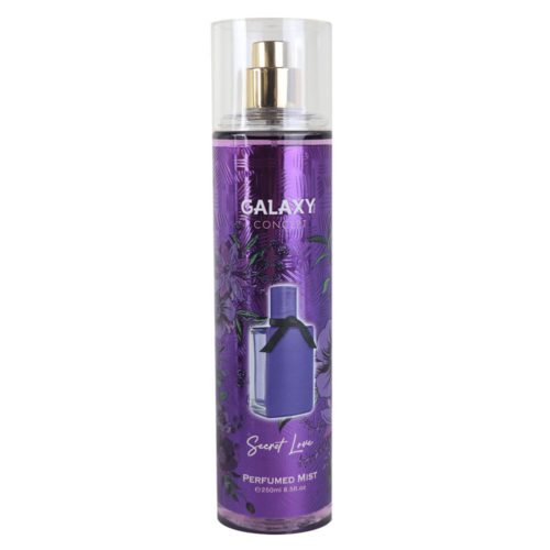 Un frasco de "Galaxy Concept Secret Love" en un envase alto y transparente con un diseño floral morado y un atomizador dorado.