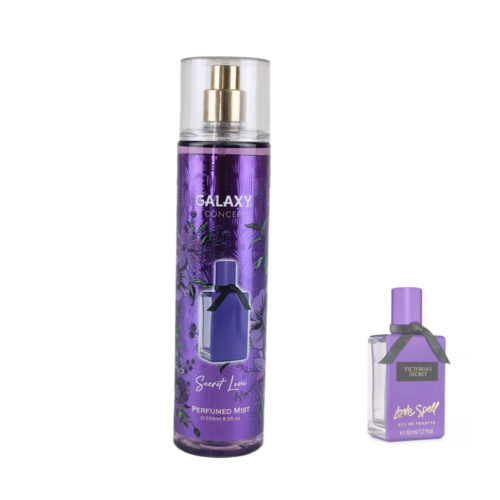 Vista frontal de la bruma perfumada Galaxy Concept en la variante "Secret Love". El frasco tiene un diseño morado con detalles florales, una imagen de un frasco de perfume decorativo e incluye el nombre del producto. A la derecha, hay una imagen adicional del frasco del perfume Hechizo de Amor y su envase.