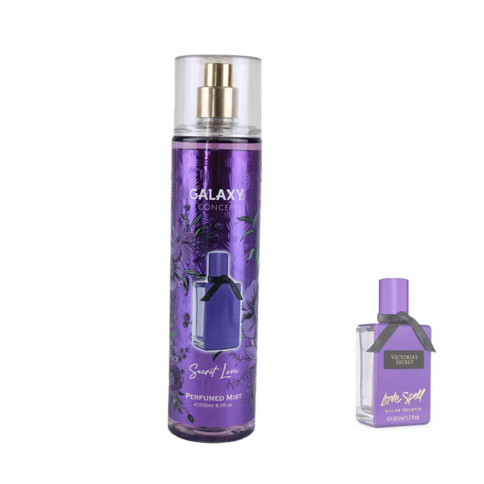Vista frontal de la bruma perfumada Galaxy Concept en la variante "Secret Love". El frasco tiene un diseño morado con detalles florales, una imagen de un frasco de perfume decorativo e incluye el nombre del producto. A la derecha, hay una imagen adicional del frasco del perfume Hechizo de Amor y su envase.