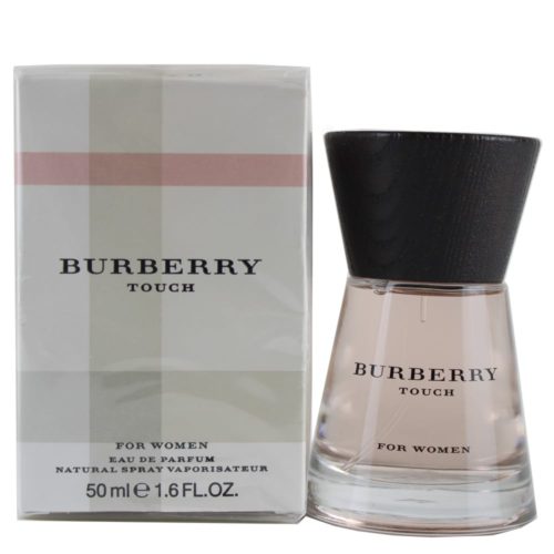 Burberry Touch Eau de Parfum 50 ml para Mujer. La imagen muestra el frasco del perfume y su caja. El frasco tiene un diseño elegante con un líquido rosa claro en el interior y un tapón negro. La caja es blanca con un sutil estampado de cuadros escoceses y el texto "Burberry Touch" en letras negras.