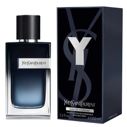 Un frasco de Y by Yves Saint Laurent Eau de Parfum para hombre, 100 ml, con un diseño elegante y oscuro y un envase sofisticado.