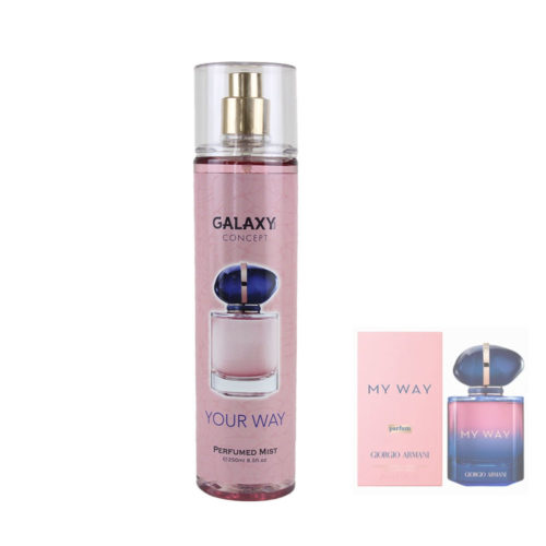 Vista frontal de la bruma perfumada Galaxy Concept en la variante "YOUR WAY". El frasco presenta un diseño rosa con la imagen de un frasco de perfume decorativo y el nombre del producto. A la derecha, una imagen adicional del frasco del perfume Giorgio Armani My Way y su envase.