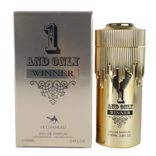 Un frasco de perfume cilíndrico dorado con un diseño de efecto de goteo y texto en negrita que dice "1 And Only Winner," junto a un empaque dorado a juego.
