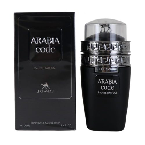 Perfume Arabia Code con un frasco negro mate y detalles plateados, junto a su caja negra a juego con texto y elementos de diseño en color plateado.